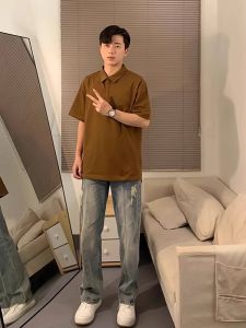 Brown Short Sleeves Polo Shirt Mens Handsome Shirt Lightly Mature Fancy American Half-Sleeve T-shirt Summer 2024