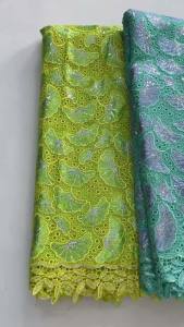 African Hot Sale Cord Lace Fabric High Quality Guipure Lace With Sequins Pink & Turquoise Embroidery Lace Fabric For Wedding