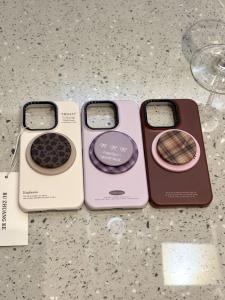 Simple Grid Leopard Print Magnetic Absorption Stand Phone Case for Apple 16Promax New iPhone 15Pro Protective Cover 14Promax Hard Shell 15 Couple Full Cover Protection