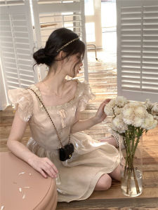 Champagne Gold Silk Princess Dress Womens Summer Fly Sleeve Butterfly Knot Dress A-Line Short Skirt High Waist One-Piece Dress