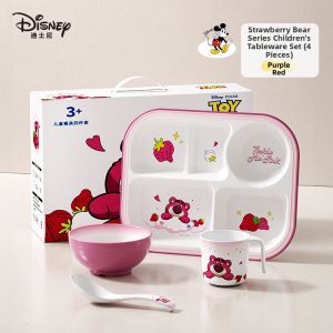 Disney |  Strawberry Bear Childrens Four-Piece Dining Set Square Divided Plate Girls Dining Utensils Set Gift Box Age 2-6