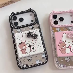 Sanrio | Luxury Glitter Diamond Sanrio Bow KT Flip Makeup Mirror Phone Case For iphone 17 Pro 16 15 14 Plus 13 Pro Max Shockproof Cover