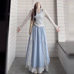 PEIZIXUAN | Short-Figure Blue Check Irregular A-Line Skirt with White Lace