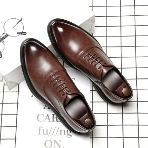 Brown Leather Shoes Mens Genuine Leather Business Formal Pointed Toe British Korean Style Suit Thick Bottom Lace-Up Youth Heightening Mens Shoes