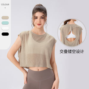 Export Summer Yoga Cut Out Breathable Sleeveless Tops Short Loose T-shirt Running Sports Gym Blouse for Women