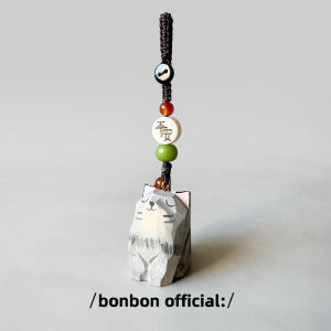 Handcrafted Wood Carved Blue Cat Keychain Cute Backpack Pendant Car Decoration Creative Gift Weave Style Original Design