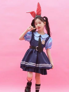 Anime Zootopia Judy Hopps Bubble Sleeve Dress For Kids Bunny Cosplay Costume with Bunny Ears Ha