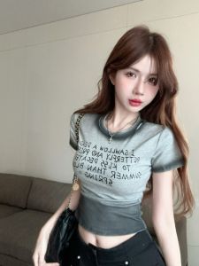 GUZILIAN | Summer New Heavy Embroidery Letter Print Gradient Short Sleeve Slim Fit Short T-Shirt Casual Style Polyester Fiber Round Neck