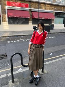 กระโปรงจีบเอวสูงสไตล์เกาหลี ทรงเอ ผ้าฝ้ายผสม ความยาวปานกลาง ฤดูใบไม้ร่วง 2024 กระโปรงทรงเอสำหรับใส่ไปทำงาน