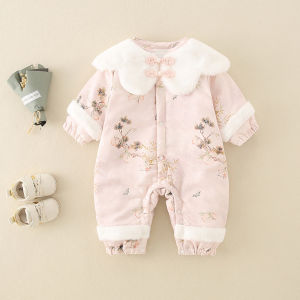 Autumn Winter Thickened Cotton Fleece Lined Baby Girl Romper Outwear Chinese Style Newborn Baby Clothes Warm Padded Coat