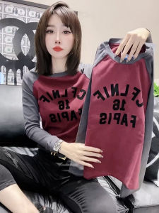 Retro American Long Sleeve T-Shirt Womens Spring Fashion round Neck Base Shirt Inner Wear Color Block Short Top