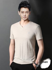 ROMON | Lormen Mens Ice Silk Short Sleeve T-Shirt Summer Thin Cotton Linen V-neck Fashion Urban Loose Fit Traditional Chinese Style Top
