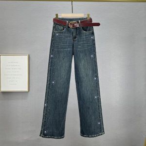 Extended High Waist Loose Fit Embroidered Rhinestone Denim Pants Womens Wide Leg Jeans Trendy Cotton Stretch Fall Season