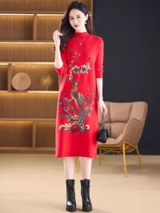 Autumn Winter New Style Retro Slim Fit Base Layer Skirt National Style Womens Heavy Embroidery Flower Phoenix Dress Women