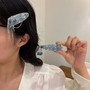 Handmade Blue Sequin Tassel Hair Clip Elegant Chinese Style Waterdrop Hairpin Side Parting Bangs Clip Alloy Embedded Artificial Gem