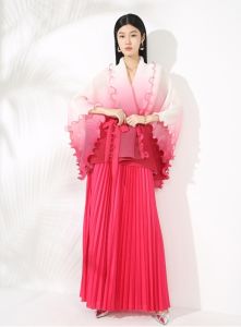 เครื่องแต่งกายหรูหรามีจีบกระโปรงเสื้อคลุมสั้นและเอวสูงยาวหลวงขนาดใหญ่ไล่ระดับสีชุดสองชิ้น #20252023