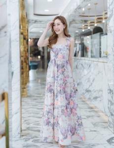 Products P016-023 Chiffon Multi Flower Maxi Dress - Sleeveless Square Neck Maxi Dress