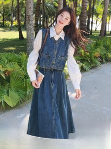 ผู้หญิง เดนิม เสื้อกั๊ก กระโปรง ชุด ฤดูใบไม้ผลิ ฤดูใบไม้ร่วง สไตล์ใหม่ระบบเกลือขนาดเล็กความรู้สึกสูงชุดสองชิ้น สไตล์เกาหลี เดินทางสีบริสุทธิ์ กระโปรงทรงเอ