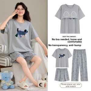 Short Sleeve Round Neck Integrated Pads Cute Cartoon Pajamas Set