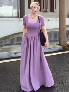 Summer New Style plus Size French Elegant Fake Two-Piece Dress Womens Square Collar Waist-Cinching Slimming Long Skirt