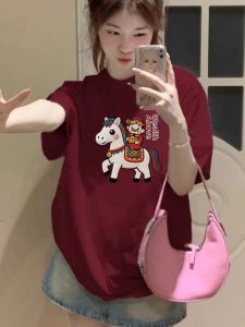 SUSHOUWANGE | Horse Lucky Print Casual Loose Short Sleeve T-shirt Cotton