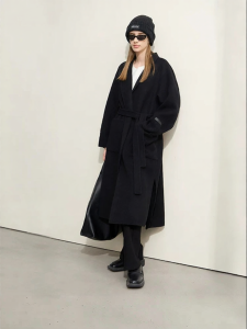 AMII | Commuter Woolen Yoke Detail Notch Collar Belted Double-Faced Wool Womens Coat