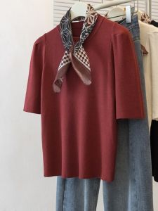 เสื้อยืดถักสีแดง แขนสั้น ทรงหลวม สำหรับผู้หญิง ฤดูใบไม้ร่วง ไซส์ใหญ่ เสื้อชั้นใน ผ้าพันคอ แฟชั่นเกาหลี แขนสั้น ปกติ