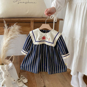 ชุดเดรสลายทางคอตตอนแขนยาวสไตล์นักเรียนฤดูใบไม้ผลิและฤดูใบไม้ร่วงสำหรับเด็กผู้หญิง ชุดเดรสเจ้าหญิงสุดเก๋สำหรับเด็กผู้หญิง