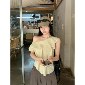 Irregular Multilayer Flounce Asymmetrical Shoulder Green Dots Camisole Top Slimming Youthful