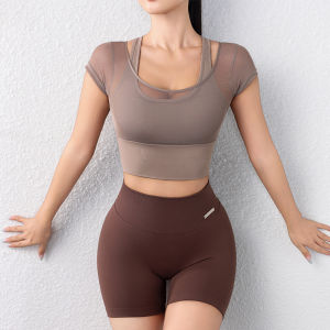 New Arrival Good-looking Lightweight Yoga Clothing Top Womens Short Sleeve with Chest Pad T-Shirt Fake Two-Piece Beauty Back Exercise Workout Clothes