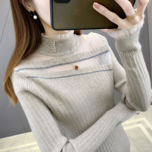 Womens Lace Knit Base Layer Shirt Half High Collar Pullover Slim Fit Inner Wear Outerwear Spring Autumn Winter New Style