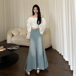 S-6XL กระโปรงยีนส์ทรงหางปลาสำหรับผู้หญิง กระโปรงยาวทรงเอ เอวสูง กางเกงทรงหลวมสไตล์เรโทร