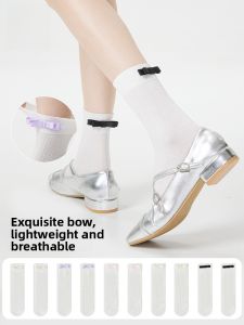 Miiow | Womens Summer Thin Ice Silk Mid-Calf Socks Antibacterial Breathable Sweat Absorbent White Cool Feeling Butterfly Knot Short Socks