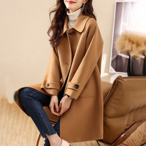 Khaki Woolen Coat Thickened Mid-Length Turn-down Collar Female Outerwear Elegant And Warm Blank Label Commute Style Long Sleeve