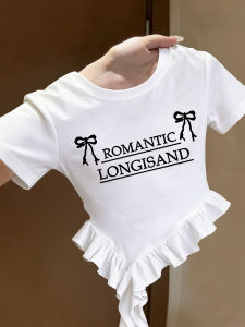 Bow Letter Print Cotton T-Shirt with Irregular Ruffles