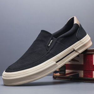 รองเท้าผ้าใบทรงหัวมนแบบสวมสำหรับผู้ชาย ฤดูใบไม้ร่วง รองเท้าผ้าใบแบบสวมสบายระบายอากาศได้ดี รองเท้าลำลอง ส้นแบน สวมใส่สบาย