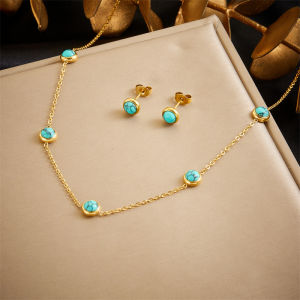 DIEYURO 316L Stainless Steel Turquoise Simplicity Golden Necklace Earrings For Women 2024 New Fashion Jewelry Set Party Gifts