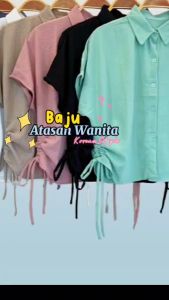 Kemeja crop wanita crinkle lengan pendek tali samping