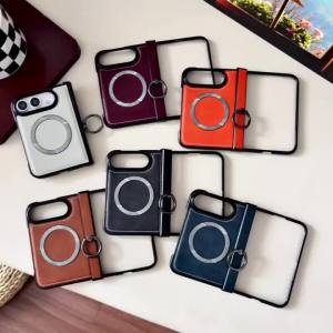 szhaiyu | New Faux Leather for Magsafe Magnetic Wireless Charging Mobile Phone Case for IPhone Duo Hinge Protection Ring Holder Cover