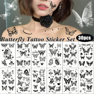 【Grilrigrin】30pcs/set Small Butterfly Temporary Tattoos Stickers for Women Girls Fake Tattoos Black Tiny Star Waterproof Transfer Tattoo Finger Clavicle Ankle