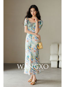 WANGXO | Váy Tay Phồng Eo Thắt In Tranh Sơn Dầu Pháp