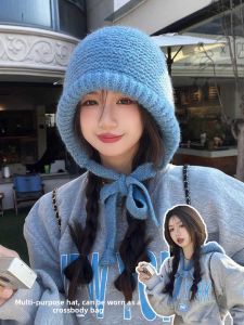 Retro Korean Style Color Block Balaclava Hat Womens Autumn Winter Ear Protection Large Circumference Warm Versatile Woolen Hat