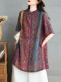 Retro Floral Cotton Linen Shirt Women's Loose Slimming Stand Collar Button up mid Length Summer Top Ethnic Style Loose Fit. 