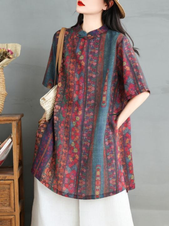 Retro%20Floral%20Cotton%20Linen%20Shirt%20Women's%20Loose%20Slimming%20Stand%20Collar%20Button%20up%20mid%20Length%20Summer%20Top%20Ethnic%20Style%20Loose%20Fit%20-%20Image%202