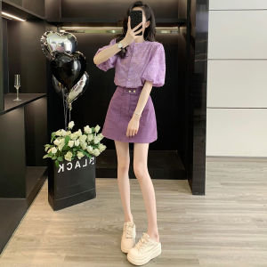 Purple Casual Shirt Short Sleeve Denim Skirt Set Womens Summer 2025 New Small Size Half-length Skirt Two-piece Suit