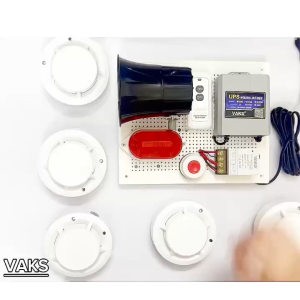 BÁO ĐỘNG PHÒNG CHÁY không dây thông minh - MR4- tích hợp 5 đầu báo khói UPS lưu điện dự phòng- Loa lớn-có nút điều chỉnh âm lượng trên còi