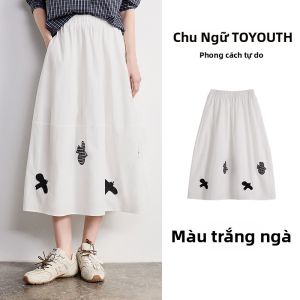 Toyouth | Chân Váy A-Line Thêu Pigeon Cotton Dài Trung Bình