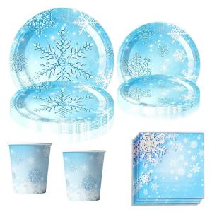 New Blue Snowflake Birthday Party Theme Decoration Disposable Tableware Paper Plate Tissue Paper Cup Flag Party Decoration