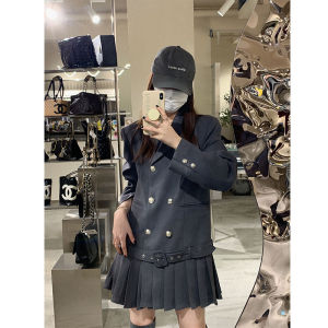 Gray Suit Dress Elegant French Vintage Style Small Fragrance Wind High Waist A-Line Skirt Long Sleeve Double Breasted Button