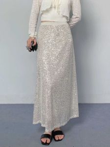 กระโปรงทรงเอเอวสูงทรงสลิมฟิตยาวปานกลางประดับเลื่อม กระโปรงสั้นสำหรับใส่ไปทำงานในฤดูร้อน